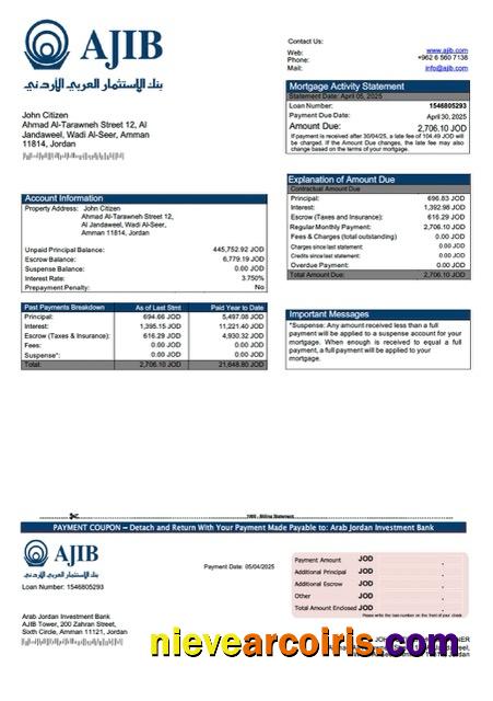 Jordan Arab Jordan Investment Bank (AJIB) mortgage statement Word and PDF template